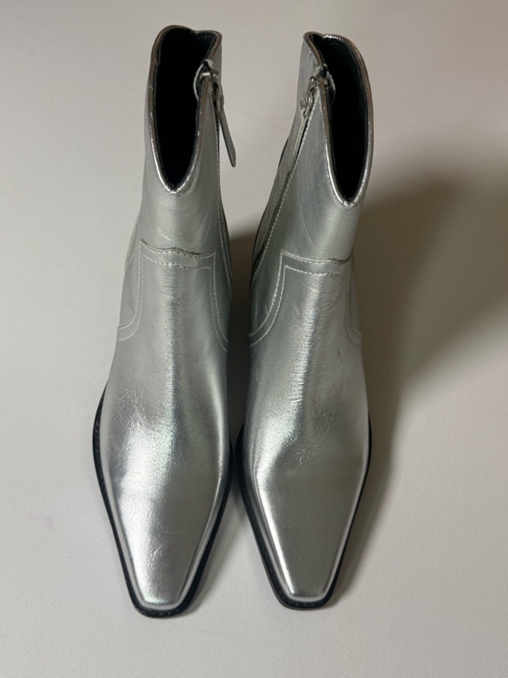 ZARA Metallic Silver Ankle Boots | Western Pointed Toe Zip Booties | Size 39 8.5 - Picture 3 of 11